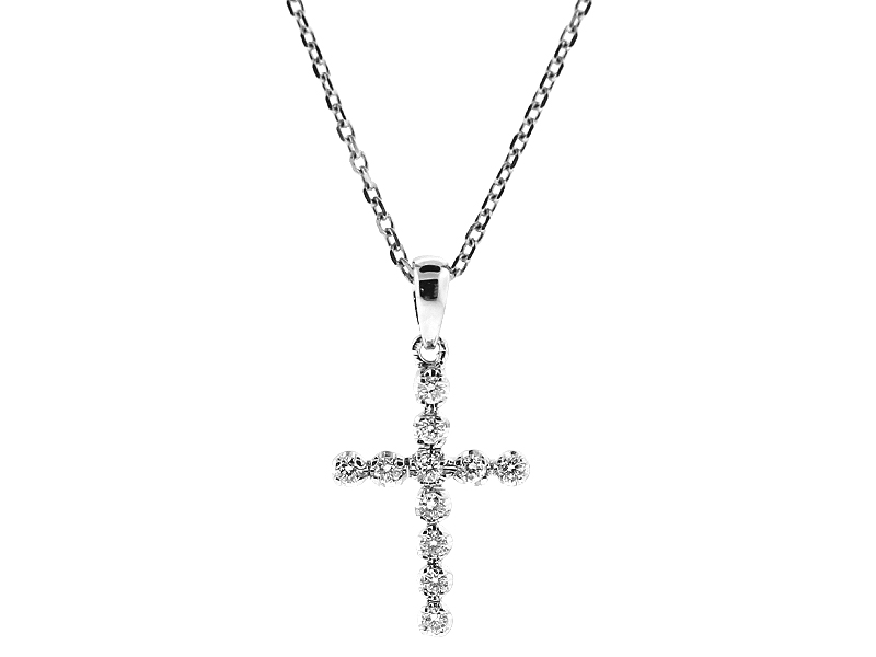 Open Gold Border with Straight Row of Diamonds Cross in 18kt White Gold