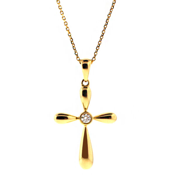Puff 18kt Yellow Gold Cross with a Single Bezel Set Diamond in Center