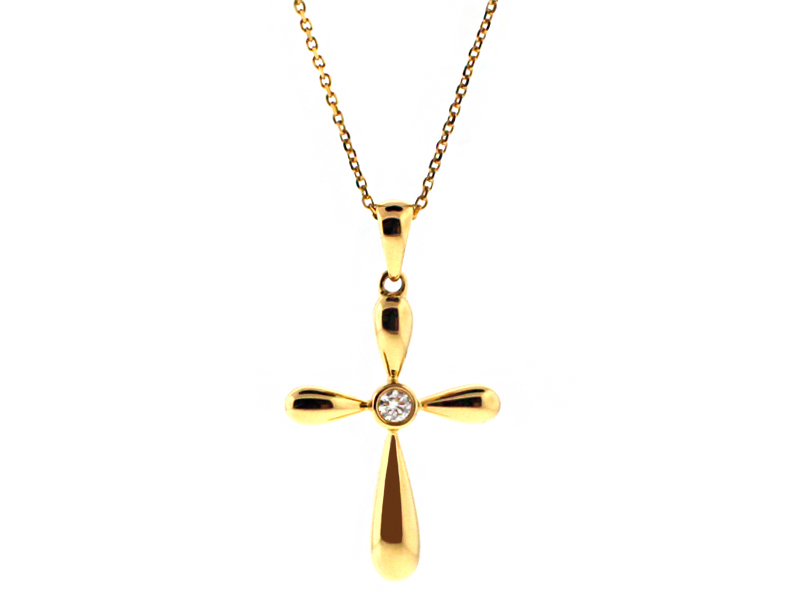 Puff 18kt Yellow Gold Cross with a Single Bezel Set Diamond in Center