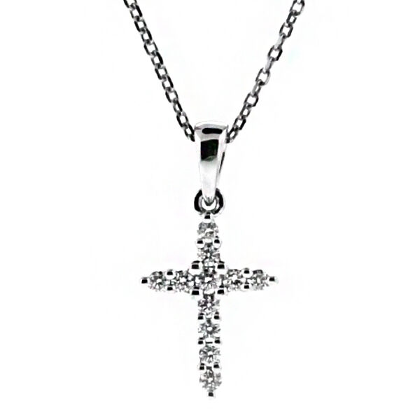 Straight Row of Diamonds With a Larger Center Diamond Cross in 18kt White Gold