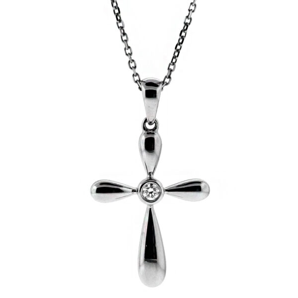 Rounded 18kt Gold Cross with a Center Single Bezel Set Diamond