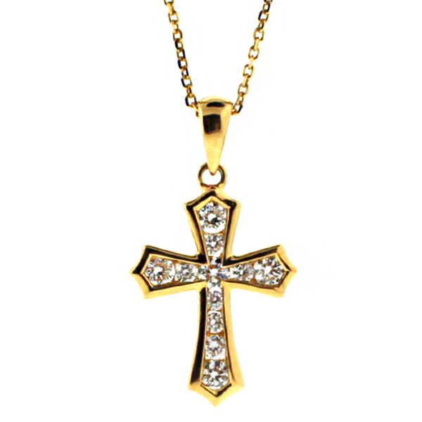 Diamond Cross with 11 Channel Set Diamonds in 18kt Yellow Gold