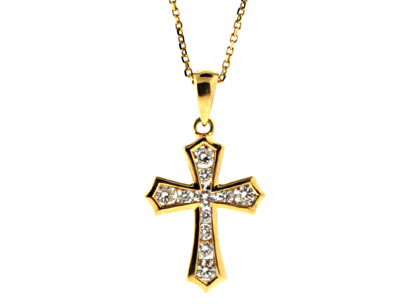 Diamond Cross with 11 Channel Set Diamonds in 18kt Yellow Gold
