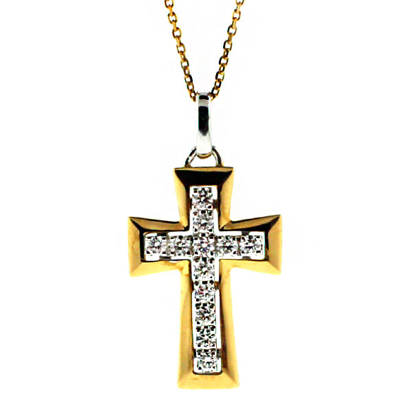 Two Tone 3D Diamond Cross in 18kt Gold