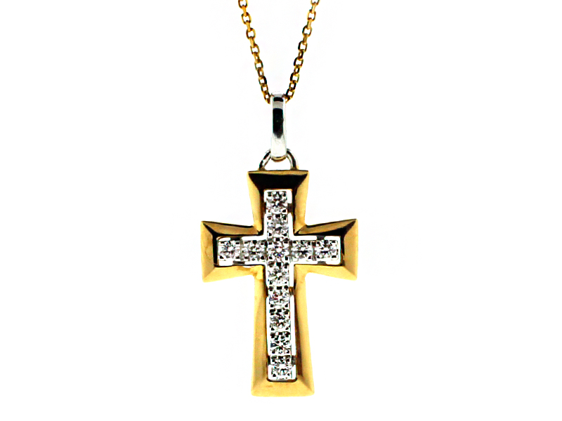 Two Tone 3D Diamond Cross in 18kt Gold