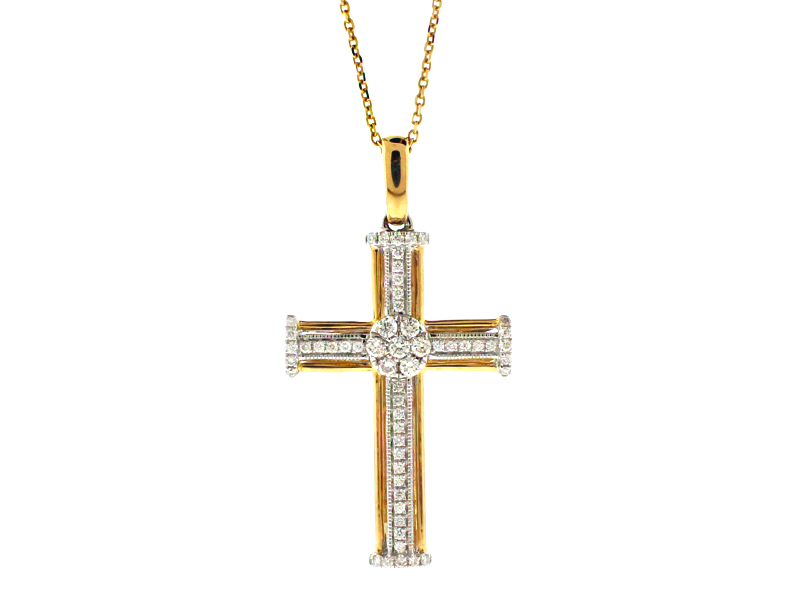 Diamond Cluster Center Cross in Two Tone 18kt Gold
