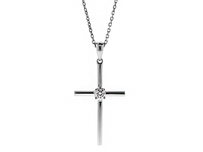 18kt White Gold Cross with a Single Diamond in Center