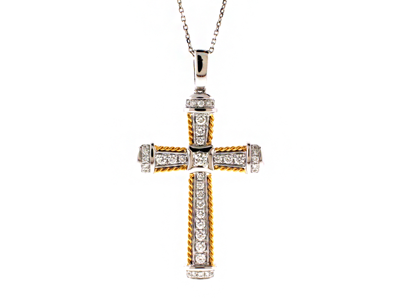 Two Tone With Rope Design Detail Diamond Cross in 18kt Gold