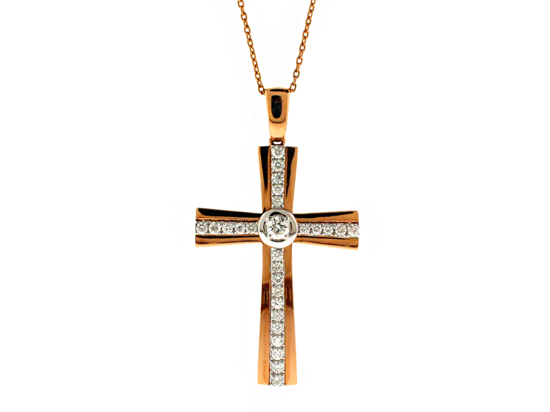 Modern Detailed Diamond Cross Two Tone Rose and White 18kt Gold