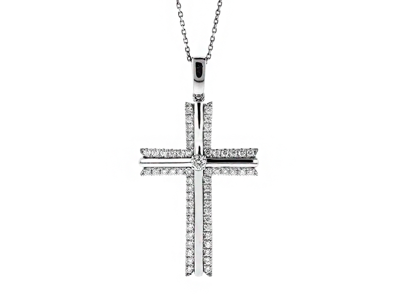 Center Diamond on a Gold Cross and Bordered With Diamonds in 18kt White Gold