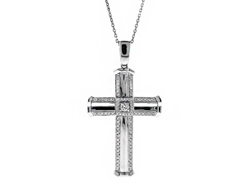 Center Diamond in Halo Diamond Cross in 18kt White Gold