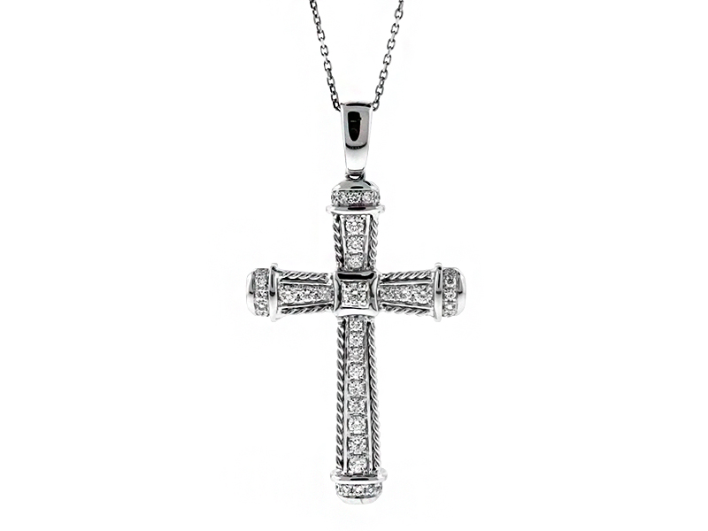 Rope Design Detail Diamond Cross in 18kt White Gold