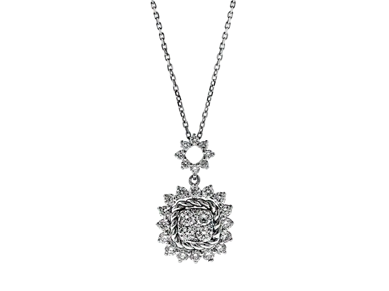 Cushion Cluster with Rope Edging and Halo Diamond Pendant in 18kt White Gold