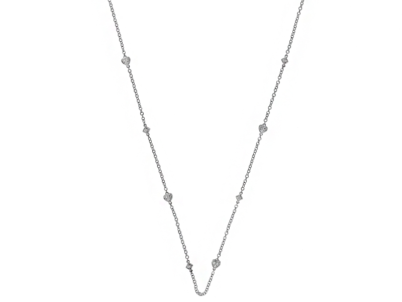 Heart and Diamond Shape Small Diamond Clusters on a Chain Necklace in 18kt White Gold