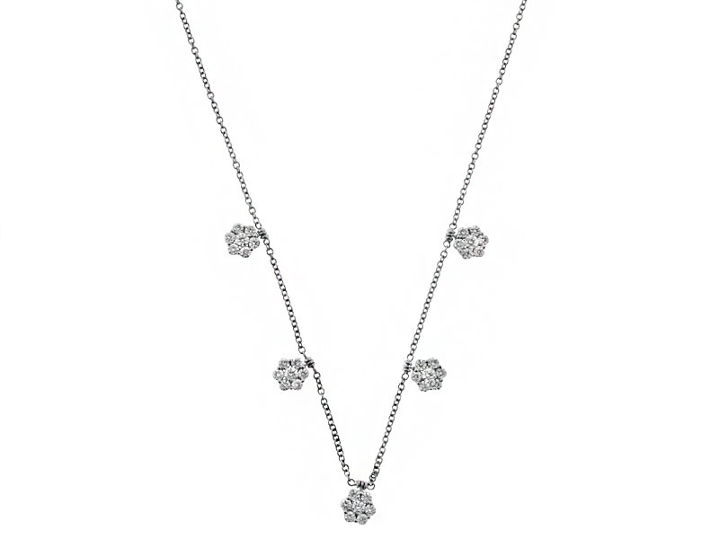 Five Diamond Clusters Dangling on a 18kt White Gold Chain Necklace