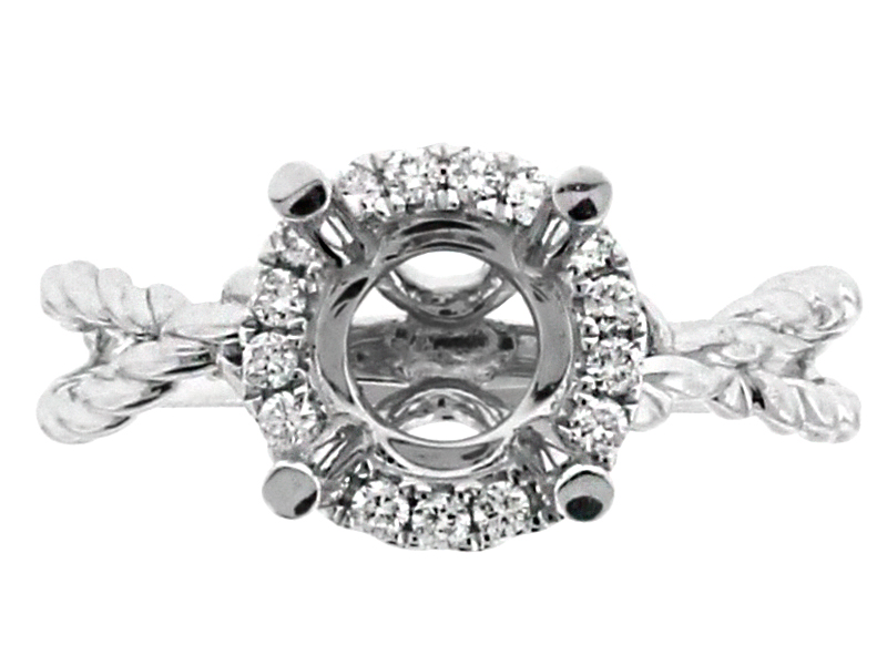 Circle Halo with Open Twist Rope Shank Engagement Ring Semi Mount in 18kt White Gold