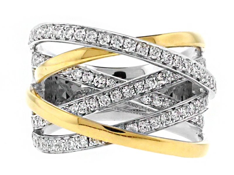 Two Tone Criss Cross Style Cocktail Ring with Diamonds in 18k White and Yellow Gold