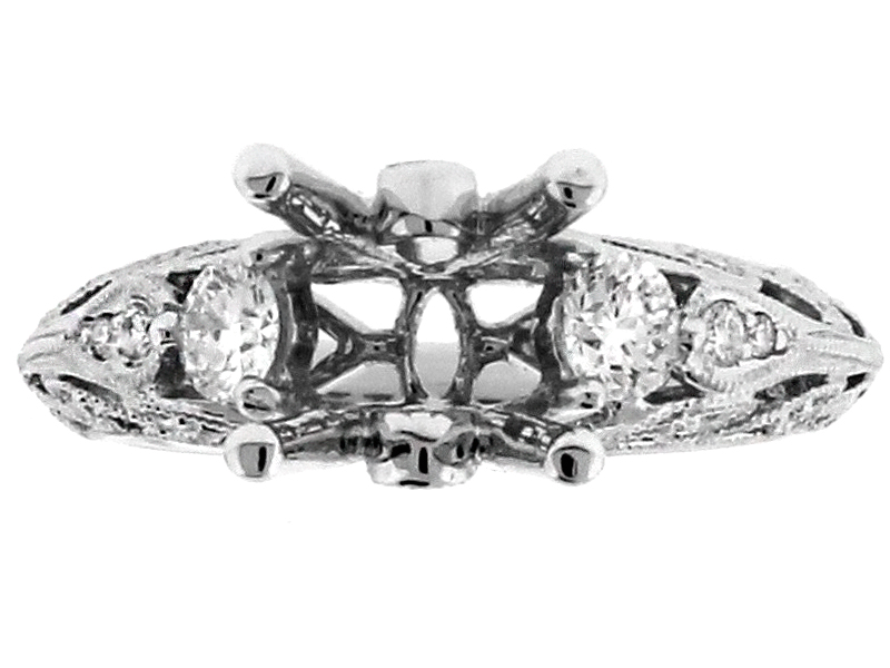 Semi Mount Engagement Ring with Milgrain Surrounding Diamonds in 18k White Gold