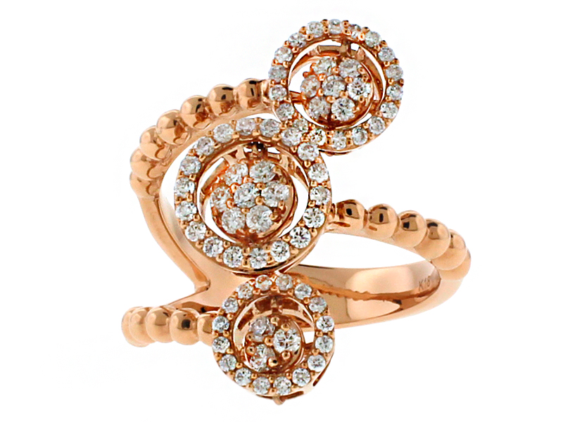 Beaded Style Cocktail Ring with Three Dancing Diamonds in Halo 18k Rose Gold