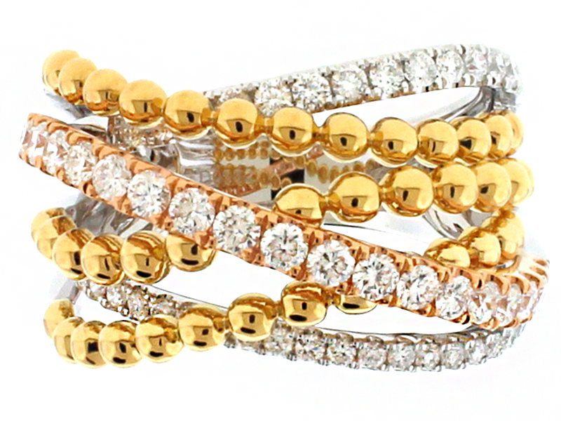 Tri Tone Crossover Style Ring with Diamonds in 18k White and Rose Gold & Beaded Design of 18k Yellow Gold