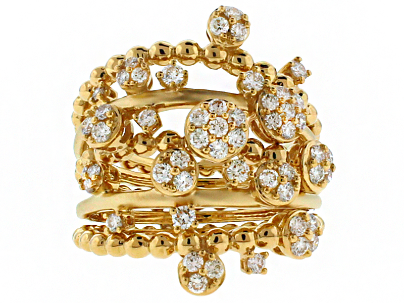 Ladies Cocktail Ring with Beaded Design and Clusters of Diamonds in 18k Yellow Gold