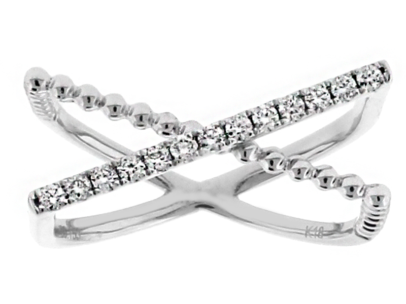 X Style Ring with One Row of Diamonds and One Row of a Beaded Design in 18k White Gold