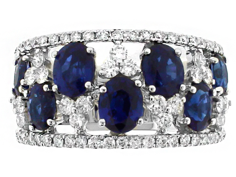 Genuine Sapphire and Diamond Wide Ladies Ring in 18kt White Gold