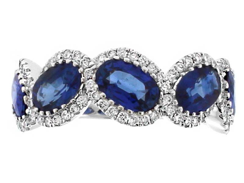 Oval Sapphires Framed in Diamonds Ladies Ring in 18kt White Gold