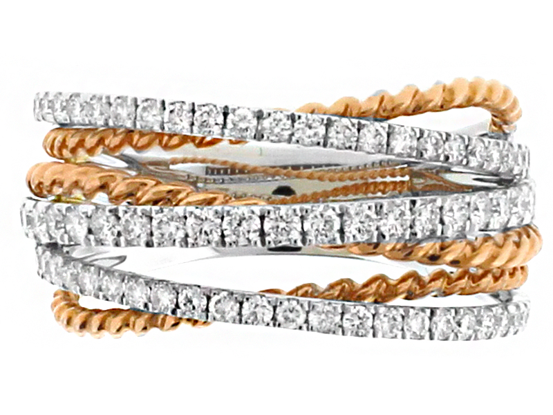 Two Tone Three Row Diamond and Three Row Rope Design Overpass Ring in 18kt Rose and White Gold