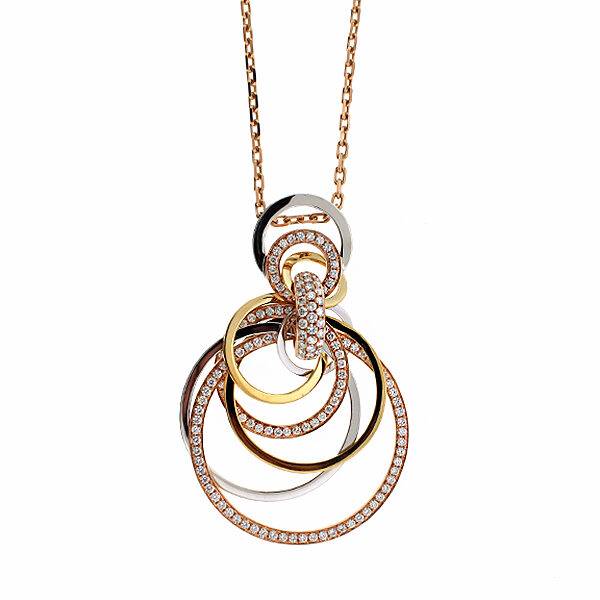 Tri Color Large Layered Interlocking Circles Pendant on 18kt Rose Gold Chain