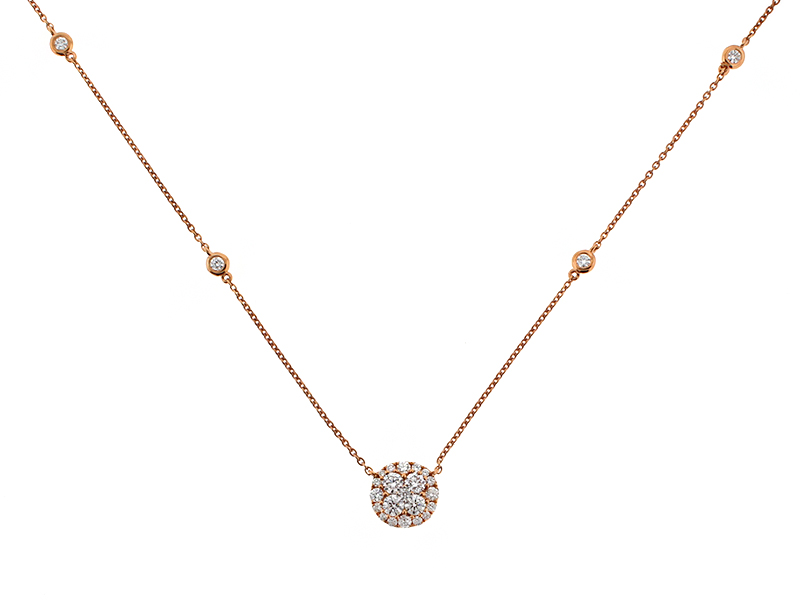 Circle Diamond Cluster with Bezel Set Diamonds on 18kt Rose Gold Chain