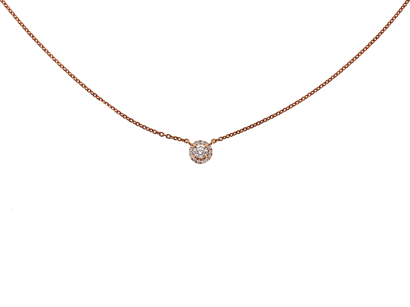 Tiny Diamond Solitaire with Halo 18kt Rose Gold Necklace
