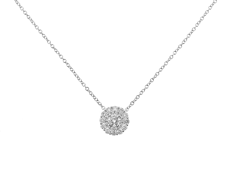 Round Double Halo Necklace with Diamonds in 18k White Gold