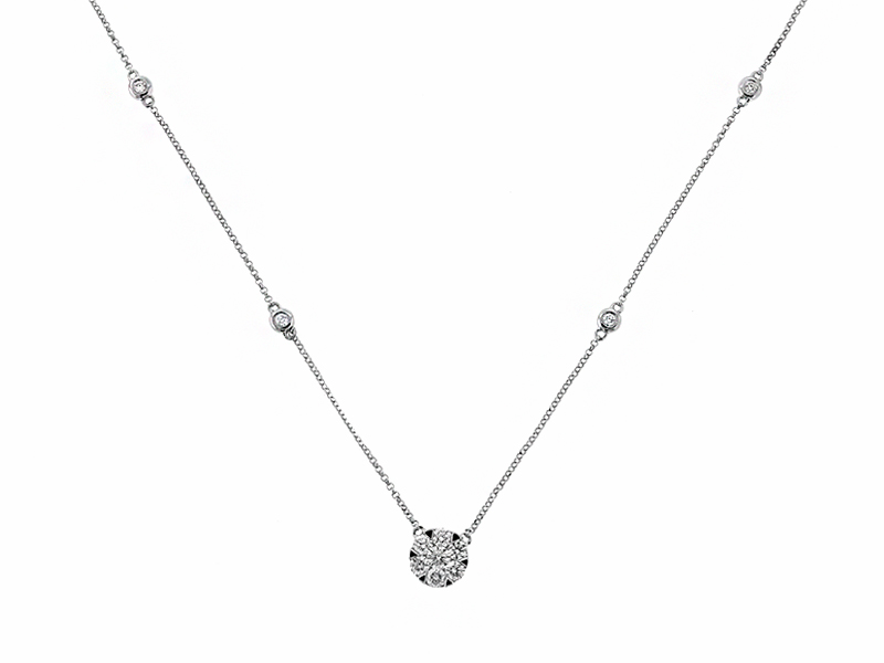 18k White Gold Necklace with Diamonds in a Cluster and on the Chain