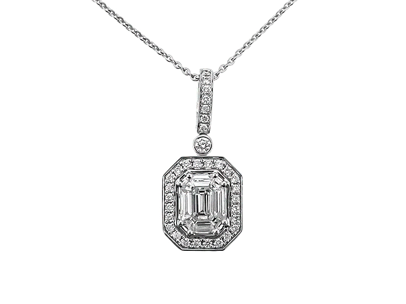 Emerald Cut Diamond Pendant Surrounded by Round and Baguette Diamonds in 18k White Gold