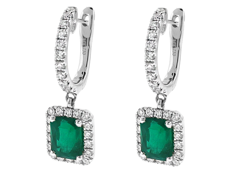 Dangling Emerald Hoop Earrings with Diamonds in 18k White Gold