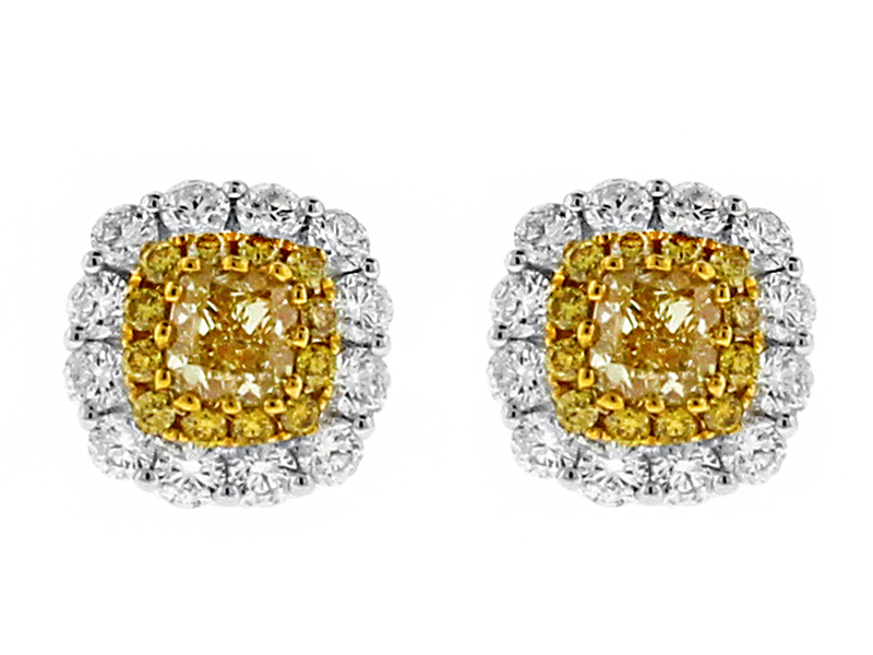 Square Fancy Yellow Diamond Stud Earrings with Halo of White Diamonds in 18k White Gold