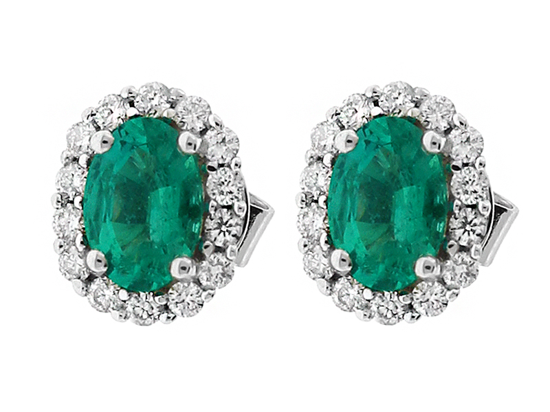 Oval Emerald Stud Earrings with Halo of Diamonds in 18k White Gold