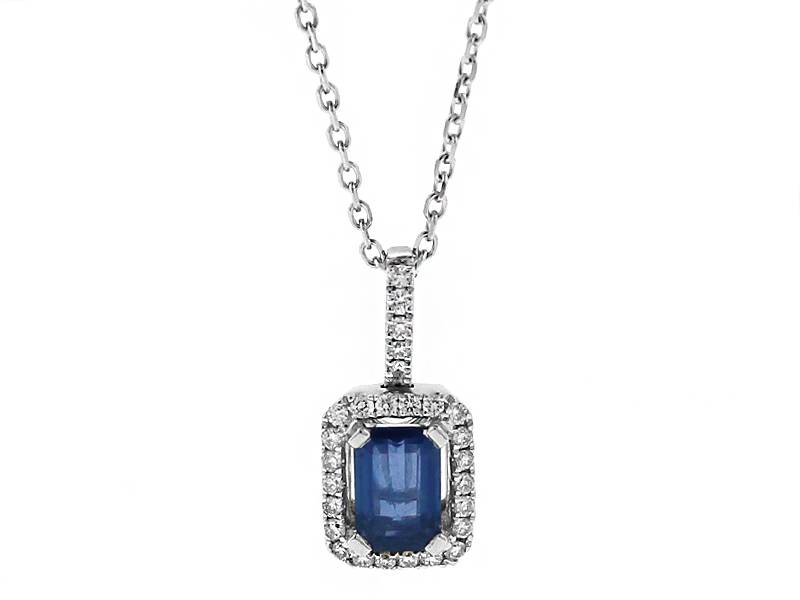 Rectangular Sapphire Pendant Surrounded by Diamonds in 18k White Gold