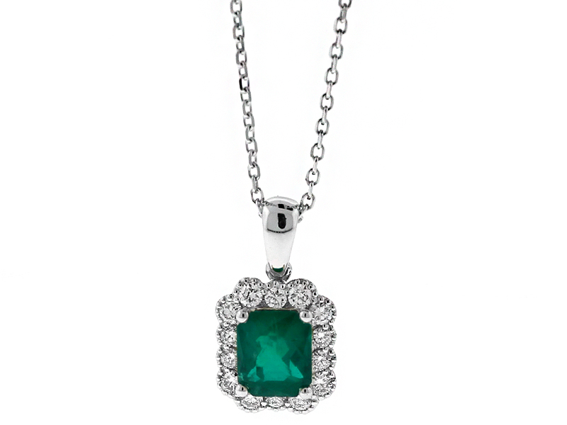 Rectangular Emerald Pendant Surrounded By Diamonds in 18k White Gold