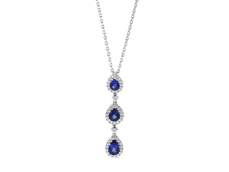 Triple Drop Sapphire Pendant with Halos of Diamonds in 18k White Gold