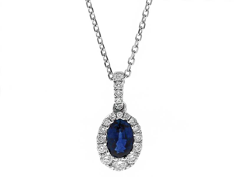 Oval Sapphire Pendant with Graduating Halo of Diamonds in 18k White Gold