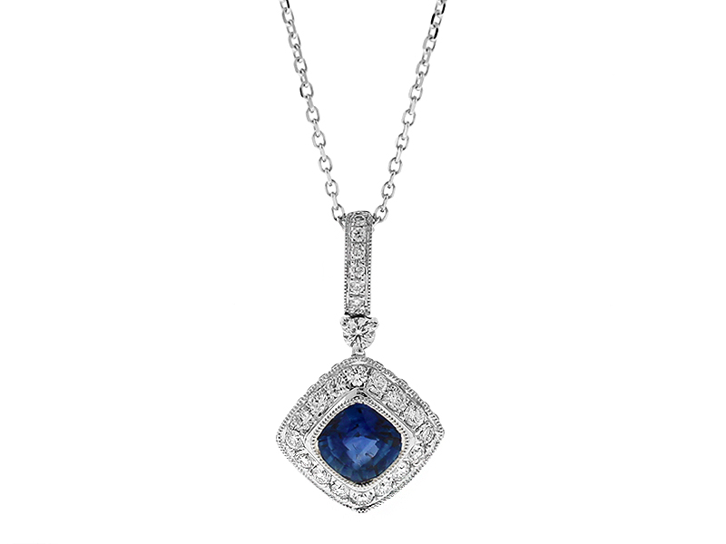 Diamond Shaped Sapphire Pendant with Diamonds in 18k White Gold