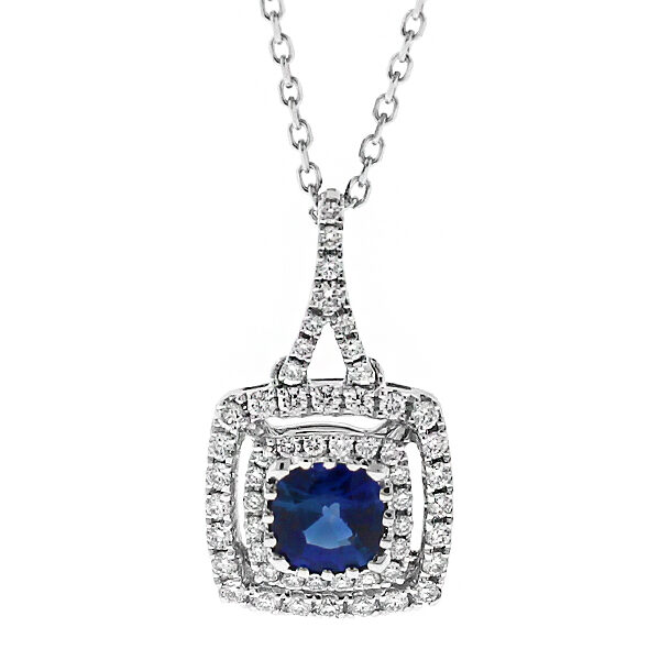 Double Halo Sapphire & Diamond Pendant in 18k White Gold
