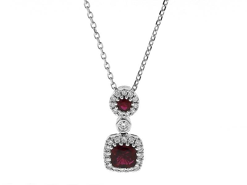 Dangling Ruby Necklace with Halos of Diamonds in 18k White Gold