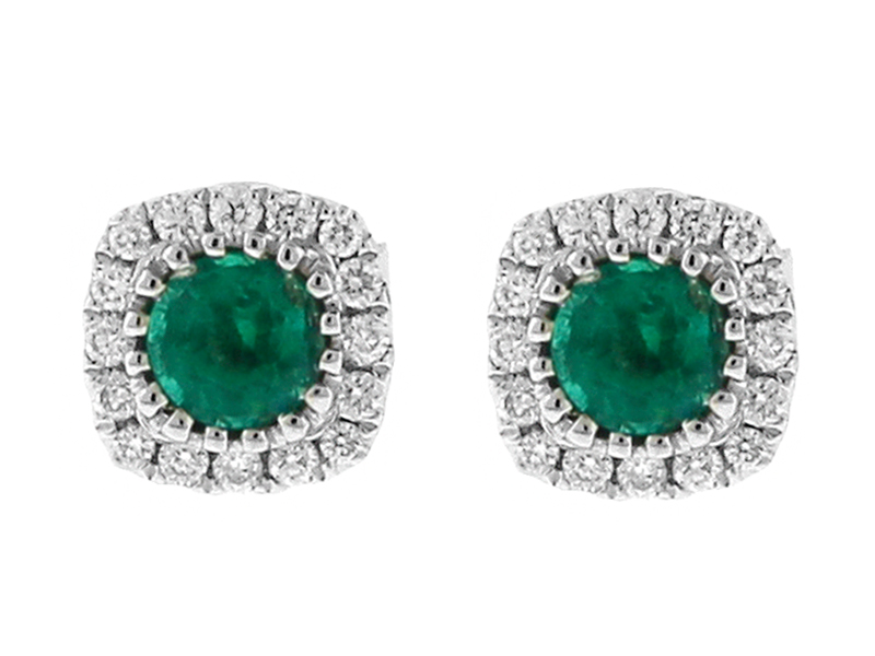Emerald Stud Earrings with Halo of Diamonds in 18k White Gold