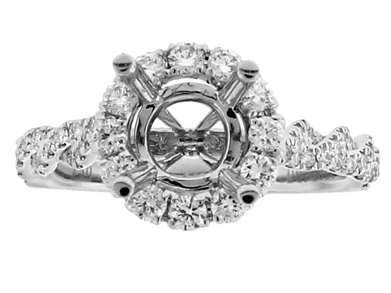Semi Mount Round Halo Twist Style Engagement Ring with Diamonds in 18k White Gold