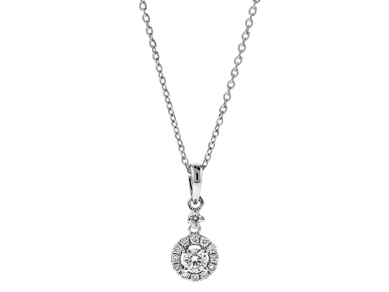 Solitaire Style Pendant with Halo of Diamonds in 18k White Gold