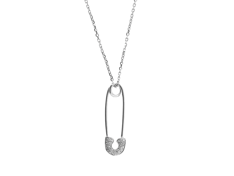 Safety Pin Pendant with Diamonds in 18k White Gold