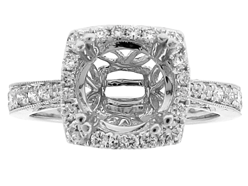 Square Halo Semi Mount Engagement Ring with Graduating Diamonds in 18k White Gold